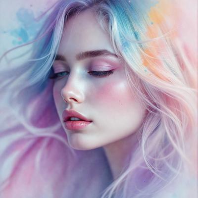 The primary subject of the image is a woman with blonde hair, who is wearing makeup and has her eyes closed. She is lying down, possibly on a bed, and appears to be enjoying a relaxing moment. The setting is a bedroom, and the visual style is a combination of a photo and digital art. The colors and mood of the image are predominantly pink and purple, creating a warm and soothing atmosphere.